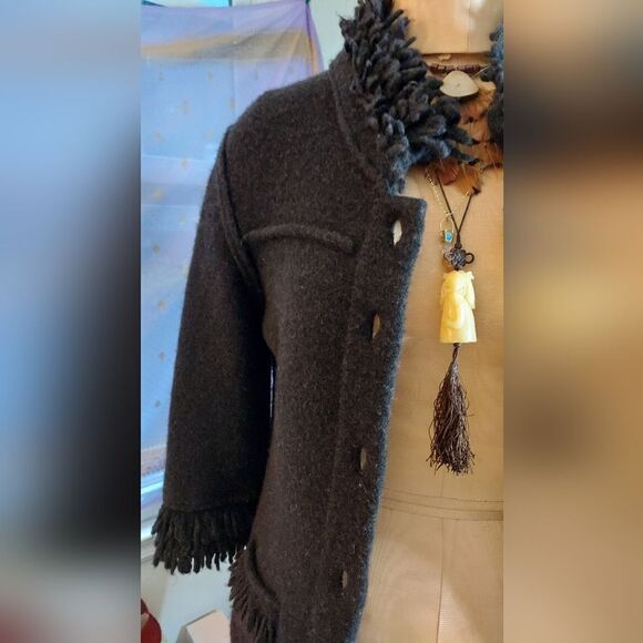 𝅺MARCCAIN Felted Wool Fringe Jacket Black Felted Jacket Size N 2 - Picture 12 of 13